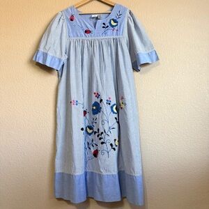 Women’sLight Blue Embroidered Beaded Midi 100% Cotton Dress Ladybug Floral Sz L